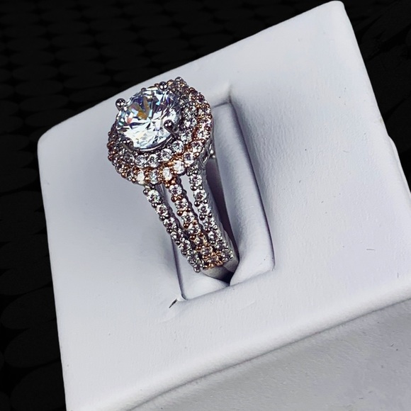 Two Tone Rose Gold Silver Double Halo Round Split Shank Pavé Engagement Ring 7 - Picture 6 of 17